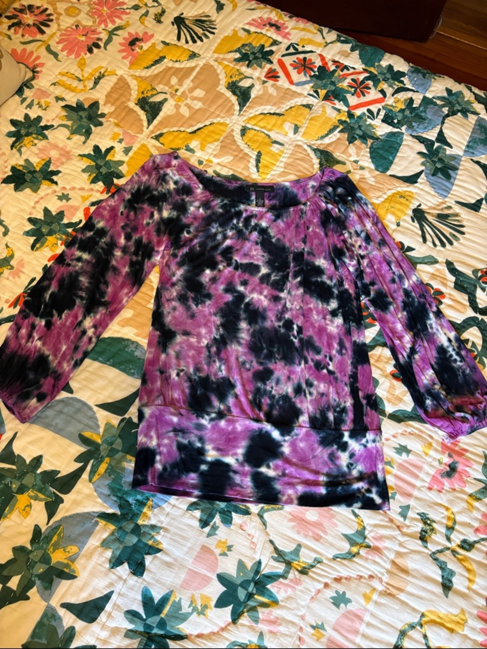 INC International Concepts Purple & Black Tie-Dye Long Sleeve Scoop Neck Top